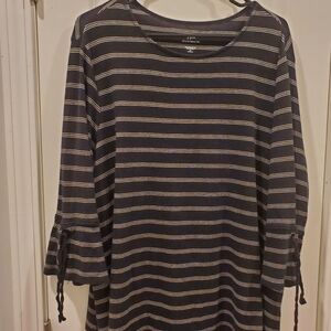J Jill Blouse Women Size 2X Black Yellow Striped Pima Tie-Sleeve Tee Long Sleeve